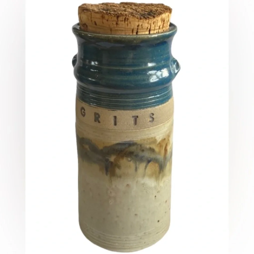 Hand Made 1987 Stoneware Pottery Container GRITS Сrock W/ Lid Signed Bob Huskins